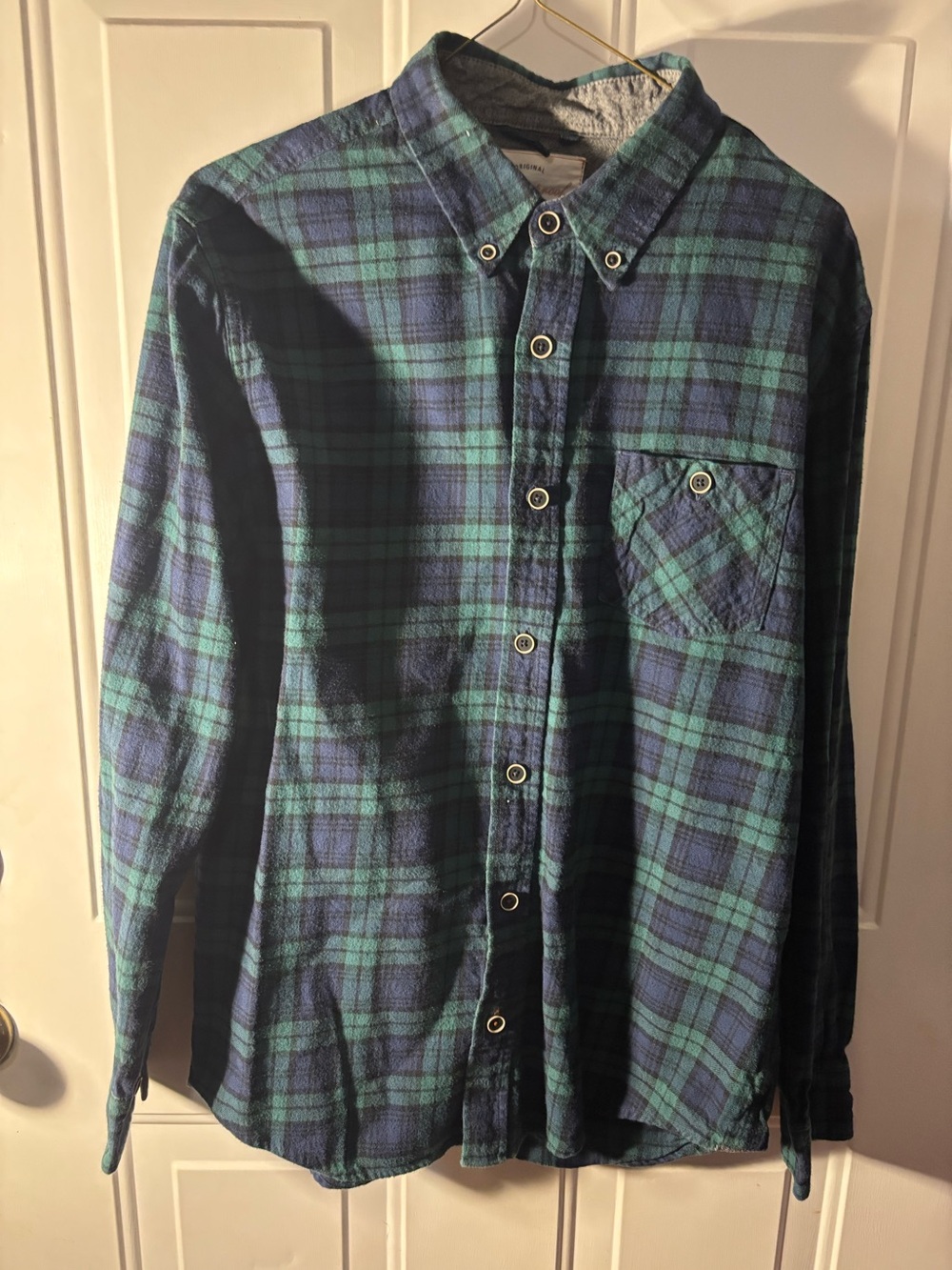 Weatherproof Vintage Men’s Medium Green Navy Plaid Flannel Shirt Button Down